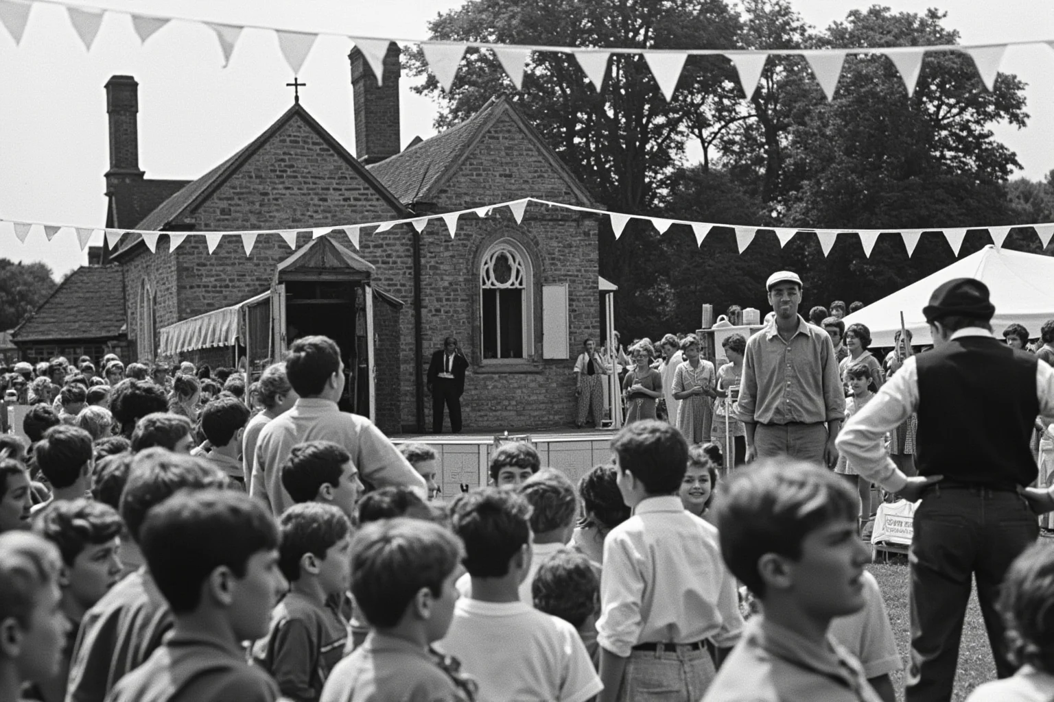 Incredible Facts About the Beatles' Greatest Band History 6 A quaint English village church fete scene with bunting, a small stage, and a crowd of teenagers, 1950s style