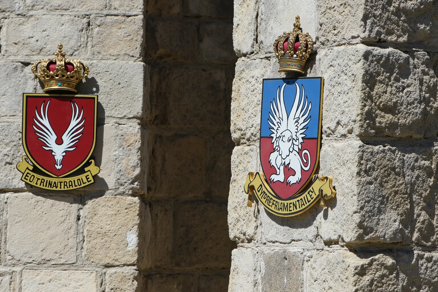 A quaint Pyrenees mountain village with two ceremonial crests representing a co-principality