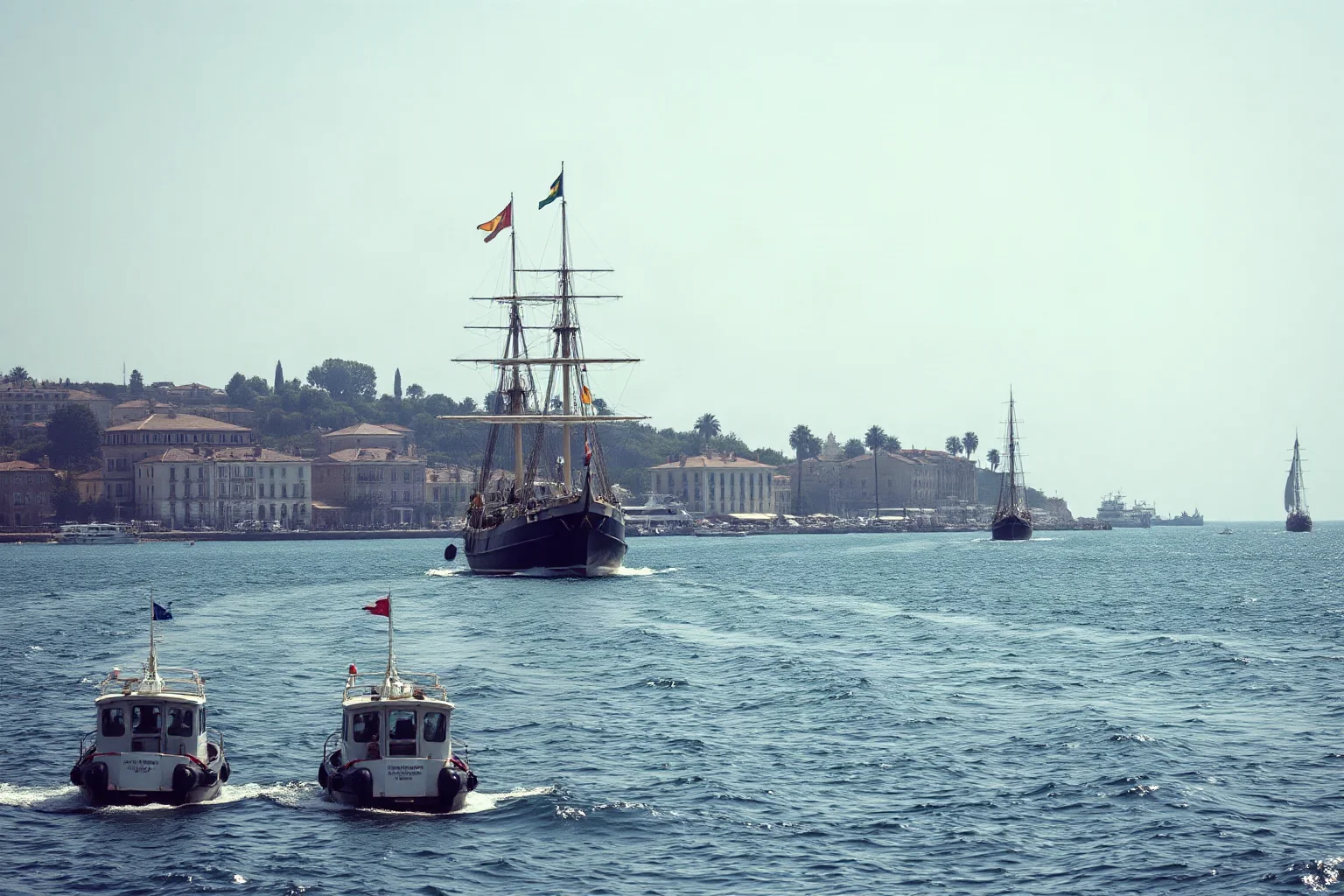 A quarantine ship anchored offshore near a Mediterranean port town, flags raised, historical maritime scene
