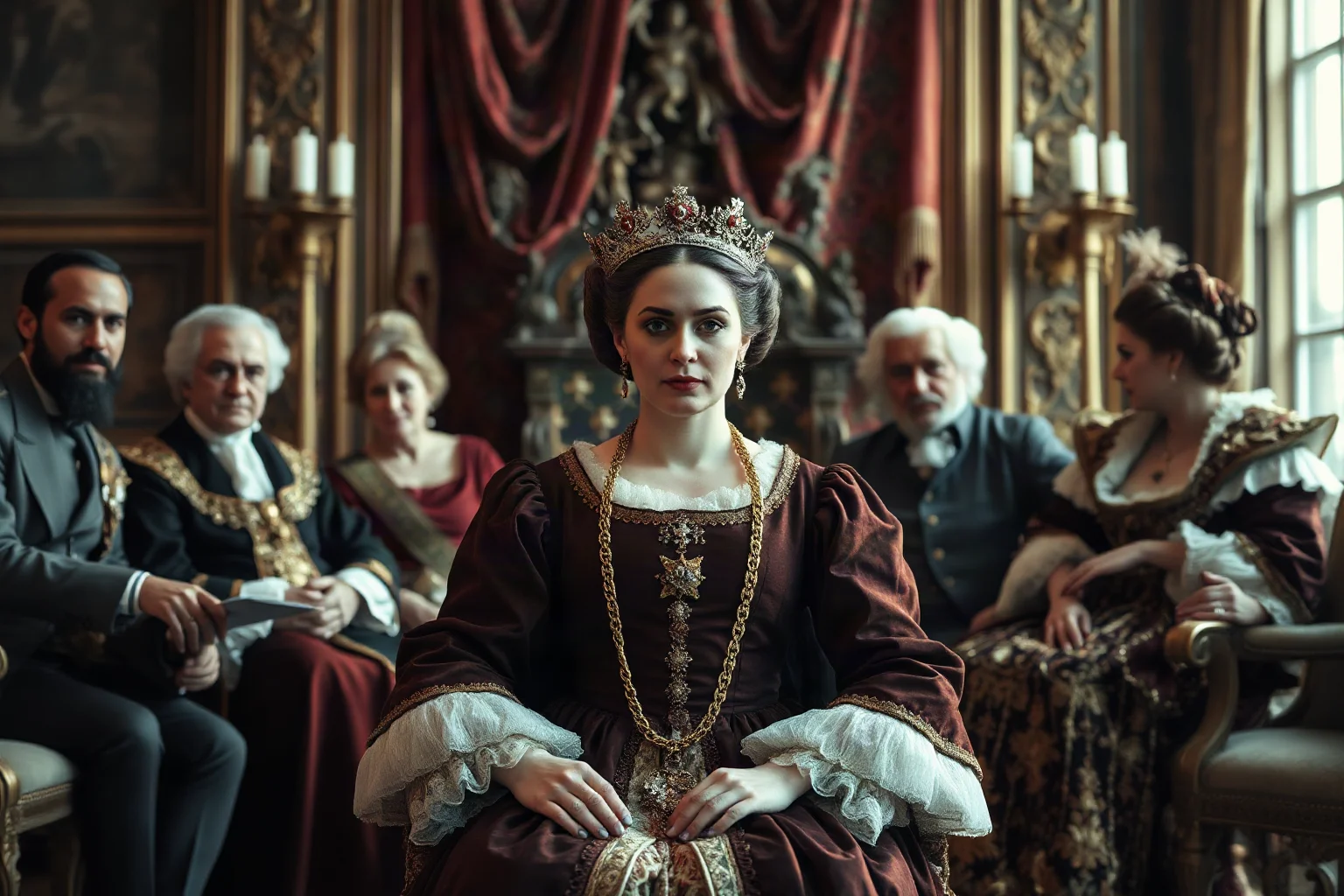 A queen in French Renaissance court dress, seated in an ornate palace room with advisors and courtiers, exuding political sophistication
