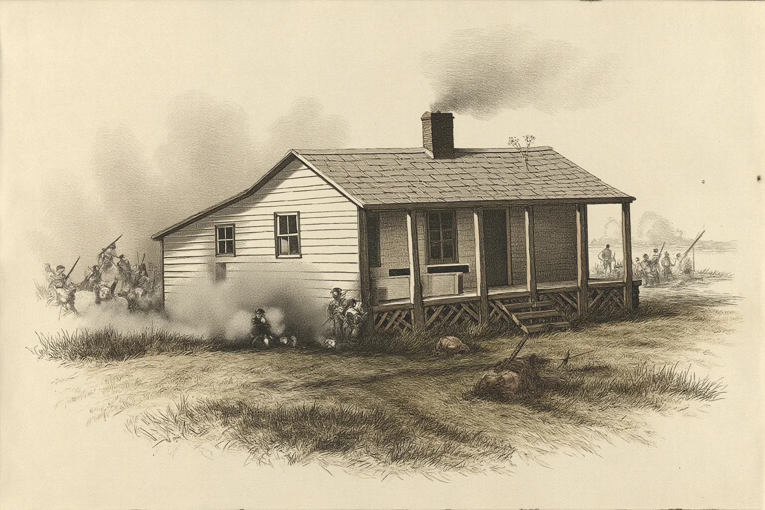 A quiet 1800s farmhouse with a battle scene faintly sketched on one side and a peaceful surrender scene faintly sketched on the other, split-composition illustration