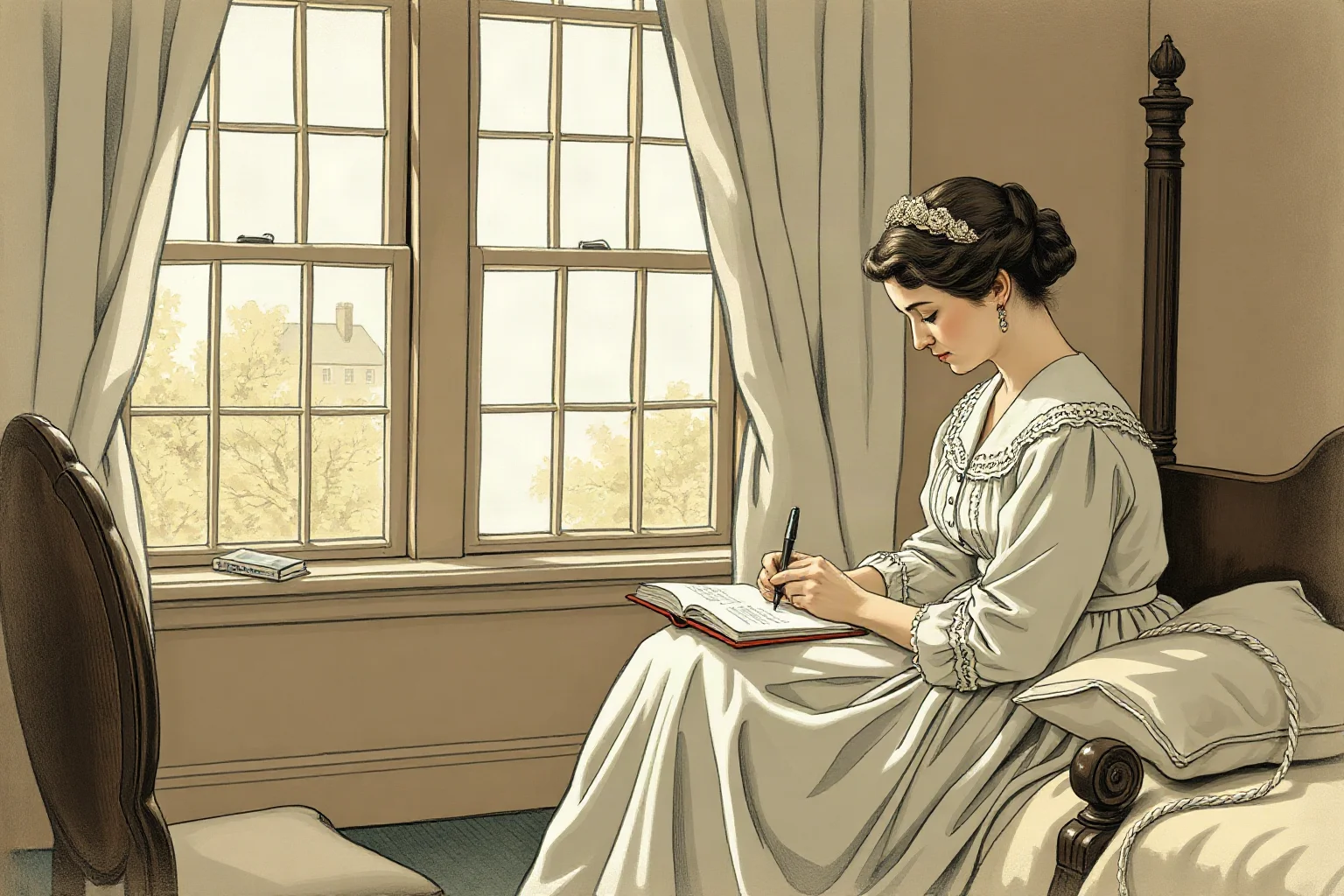 A quiet 19th-century American woman writing by a window in a modest New England bedroom, illustrative style