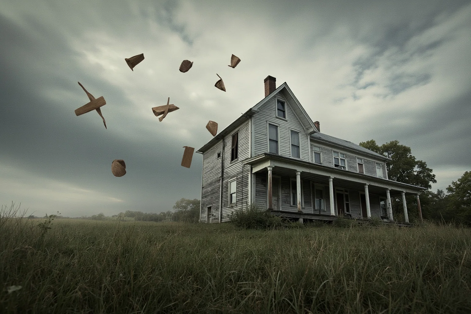 A quiet 19th-century farmhouse with small unusual objects falling from a cloudy sky onto a grassy yard