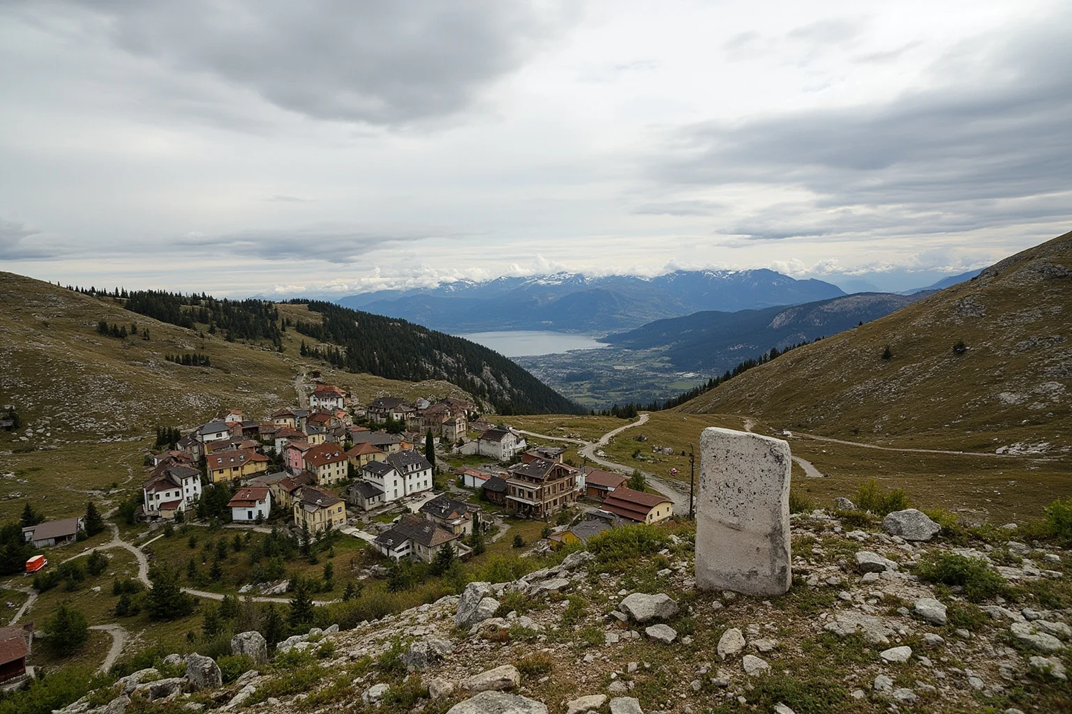 A quiet Balkan mountain village symbolizing Kosovo's rugged terrain