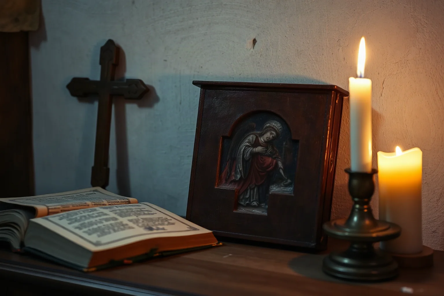 A quiet candlelit room with a religious book and cross, symbolizing 17th-century religious instruction, historical still life
