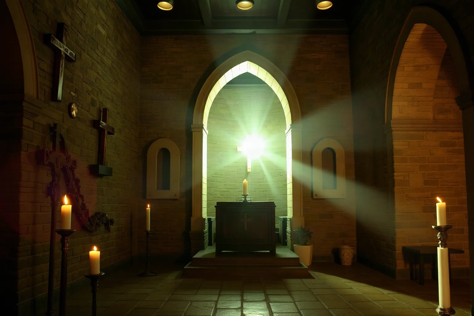A quiet candlelit stone chapel interior, symbolizing spiritual reflection and inner transformation