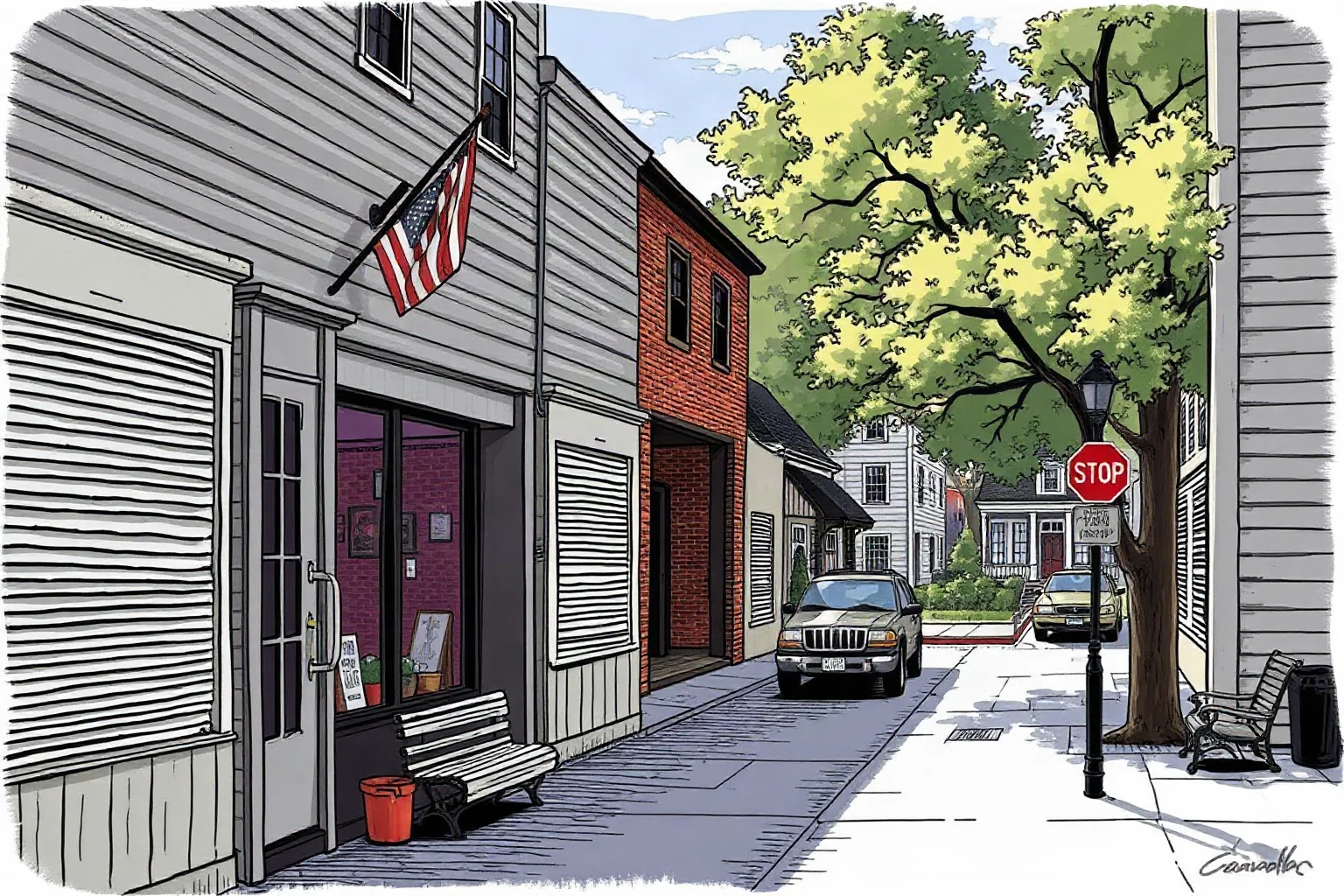 A quiet colonial-era New England street on a Sunday with closed shop shutters, historical illustration