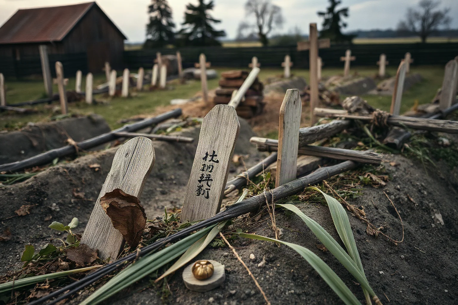 A quiet countryside burial scene with modest wooden markers, muted tones, reflecting hardship of a famine period