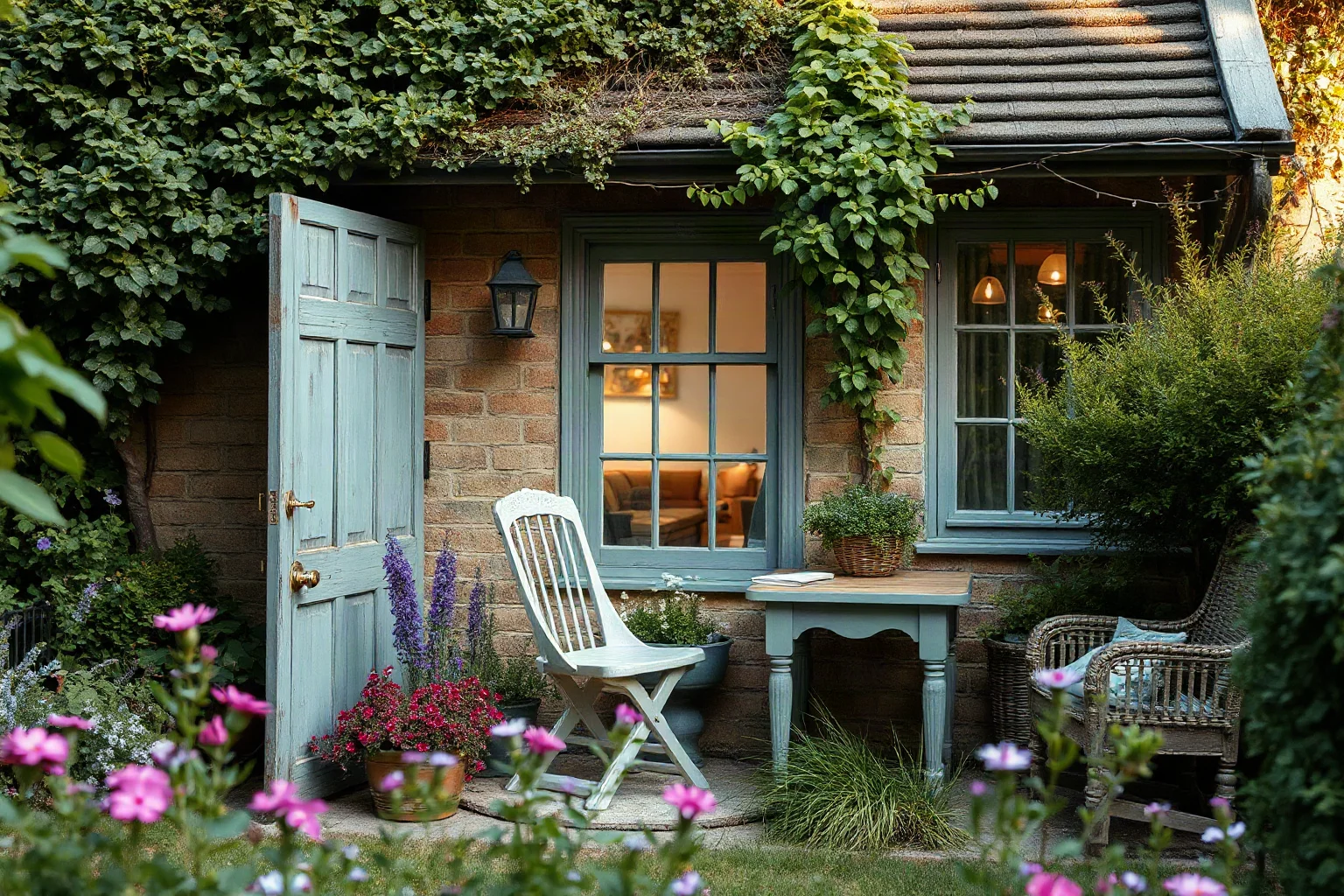 A quiet countryside cottage garden in Stratford-upon-Avon style, with a writing desk visible through a window