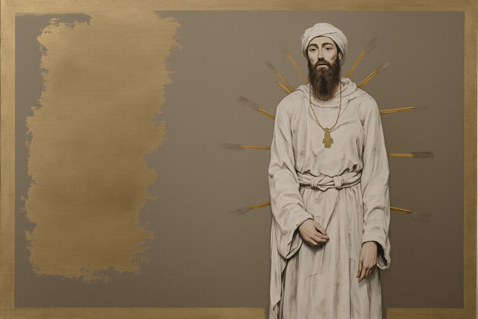 22 Creepiest Pieces of Medieval Art (And the Strange History Behind Them) 21 A quiet devotional panel painting of a robed saint pierced with arrows, standing calmly against a muted background