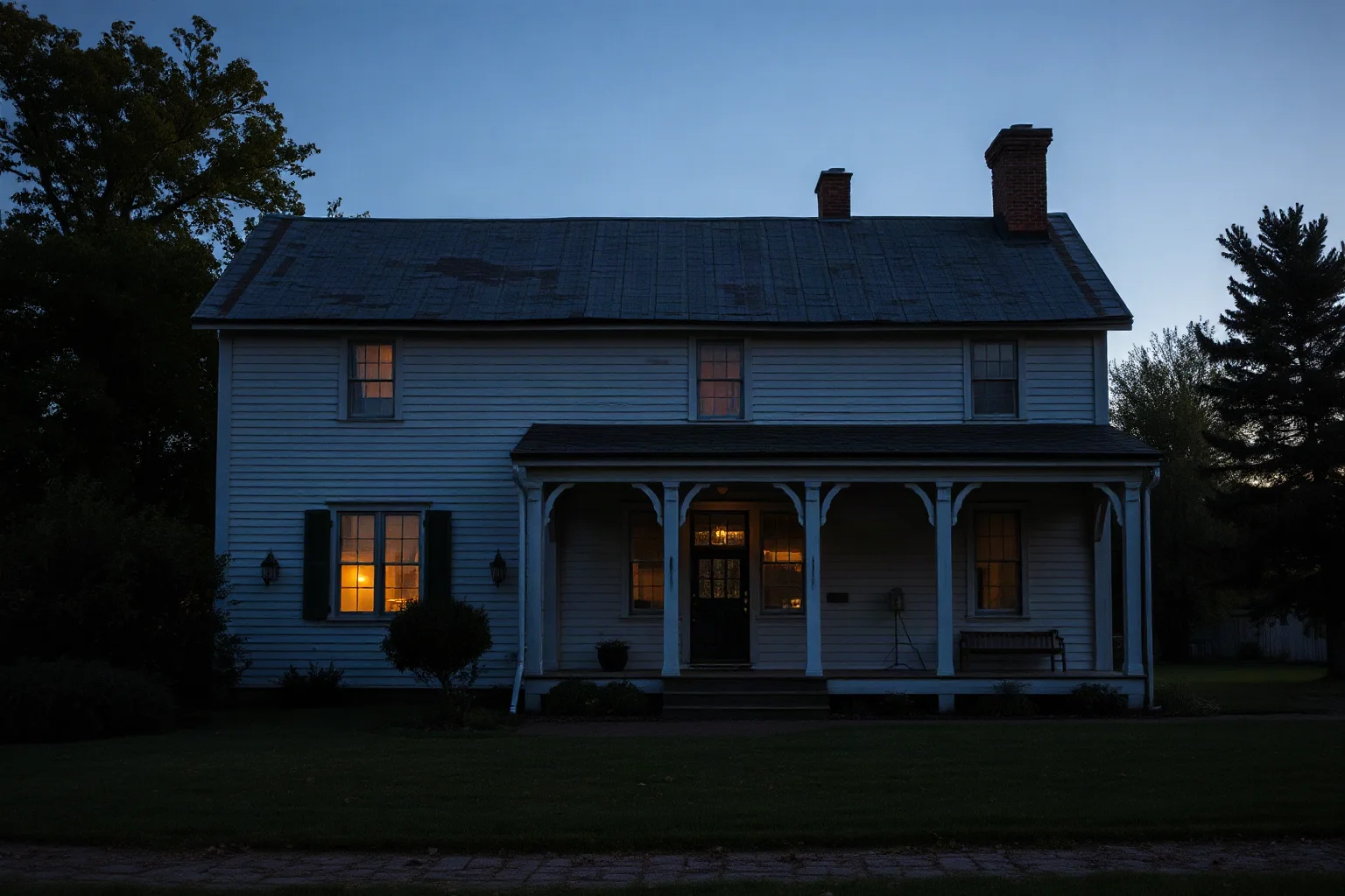 A quiet early-1900s farmhouse exterior at dusk with all windows dark