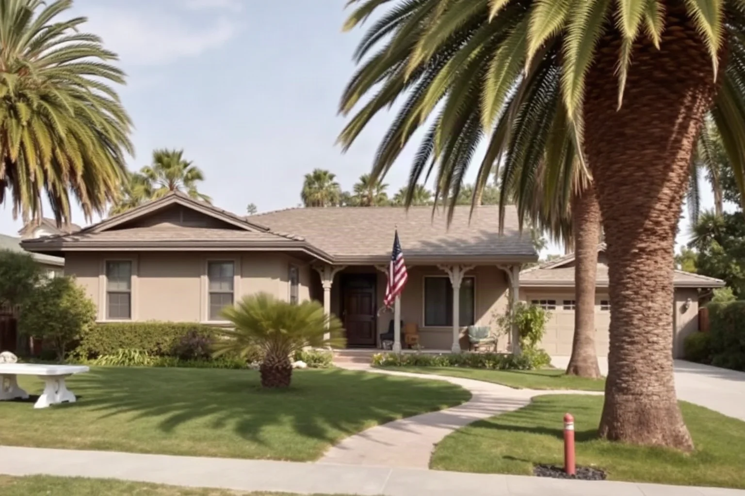 A quiet early 20th-century California bungalow with palm trees, evoking a peaceful retirement