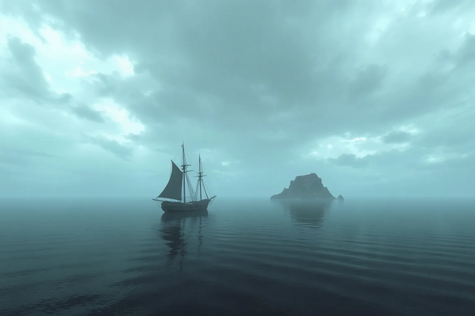 A quiet, empty harbor scene with an old sailing ship near a small rocky island, evoking a legendary bloodless war