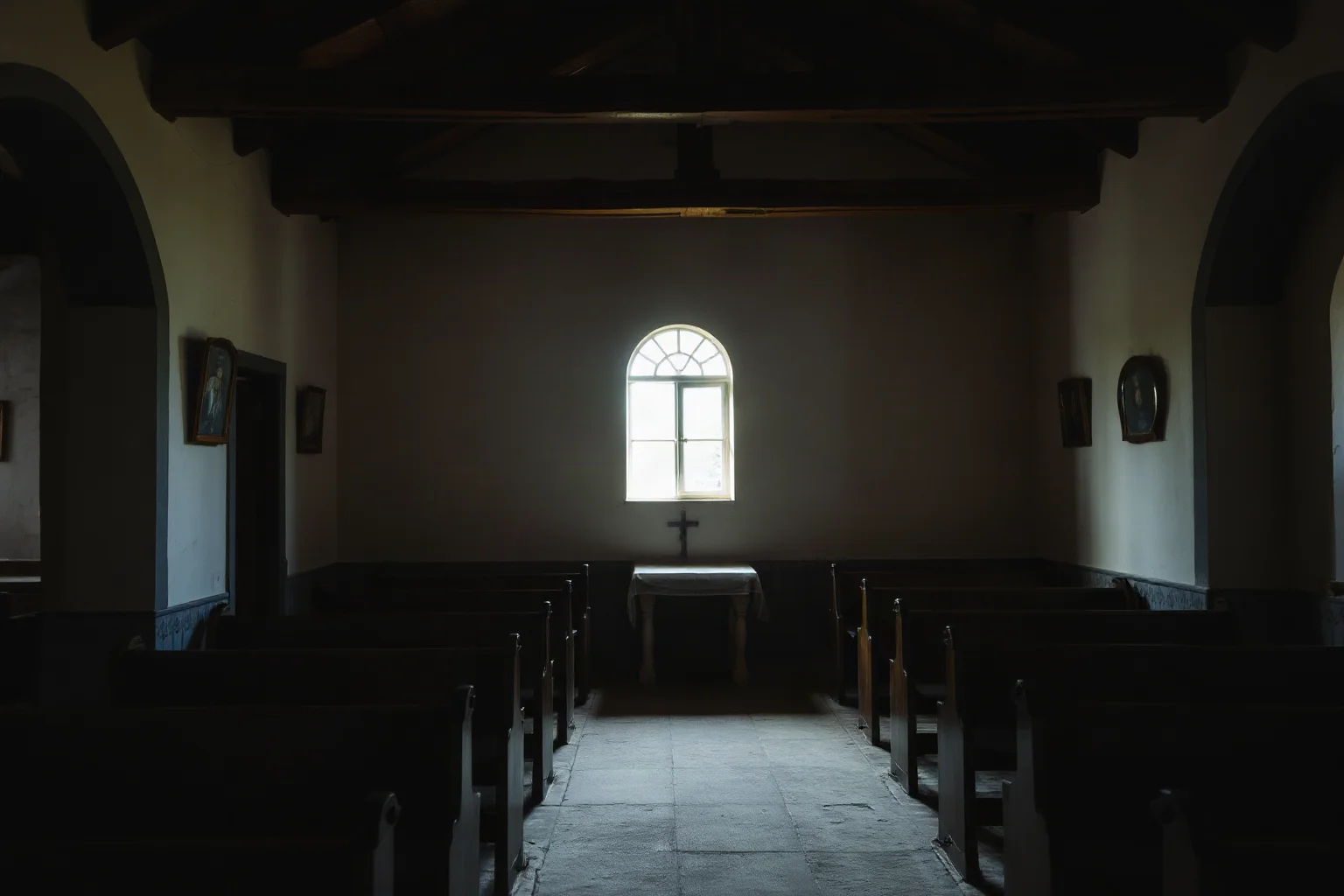 A quiet empty village church interior lit by a single window, symbolizing a once-modest religious feast day