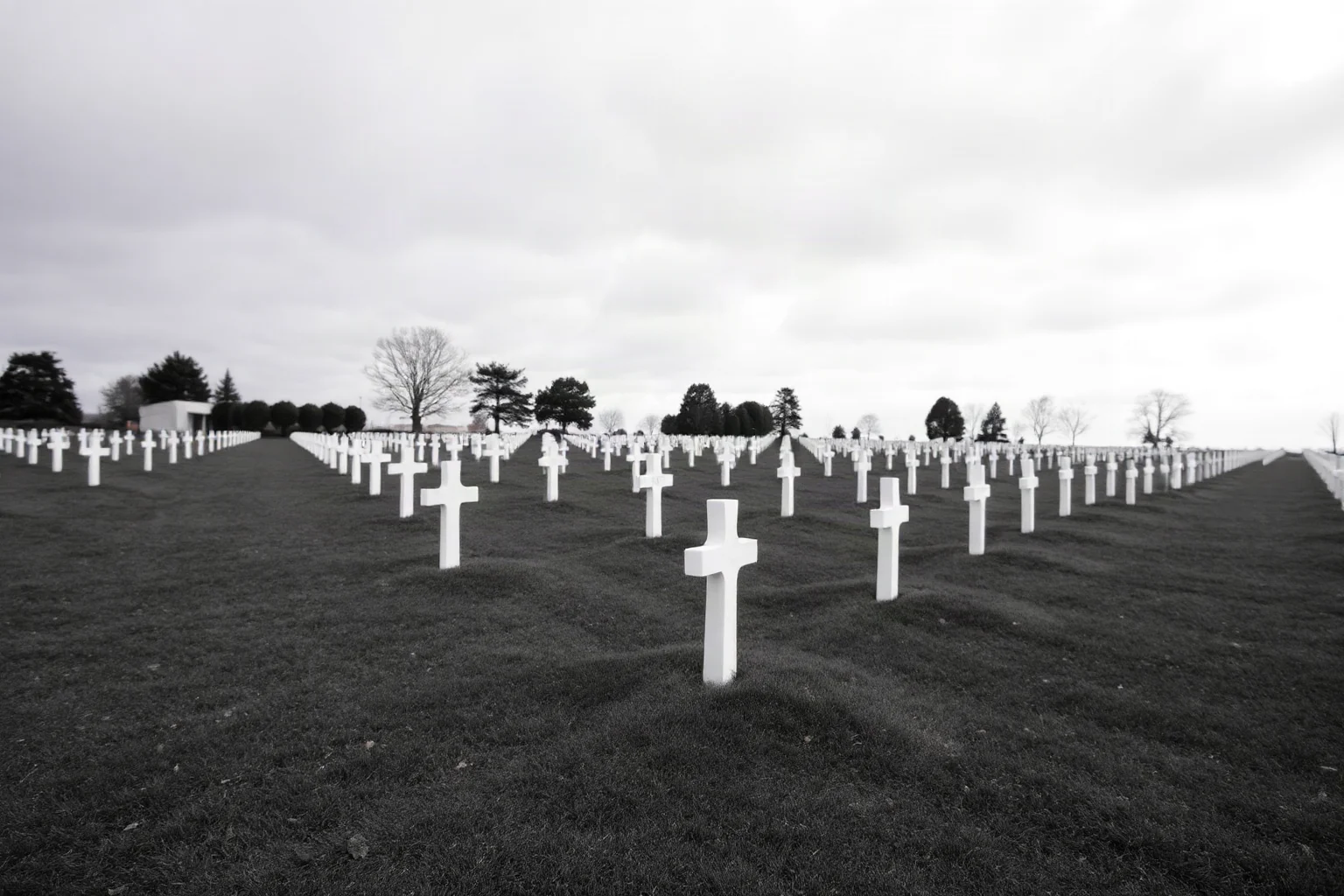 A quiet field of simple grave markers stretching into the distance under an overcast sky, respectful memorial tone
