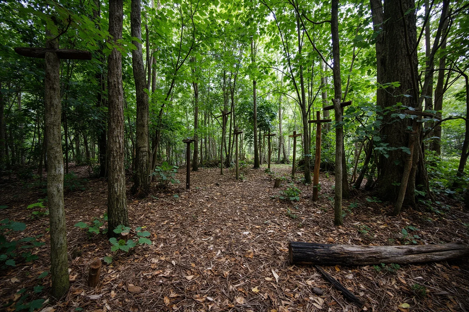 23 Worst Things That Ever Happened in History 18 A quiet forest clearing with old wooden markers, symbolizing remembrance of 1970s Cambodian history