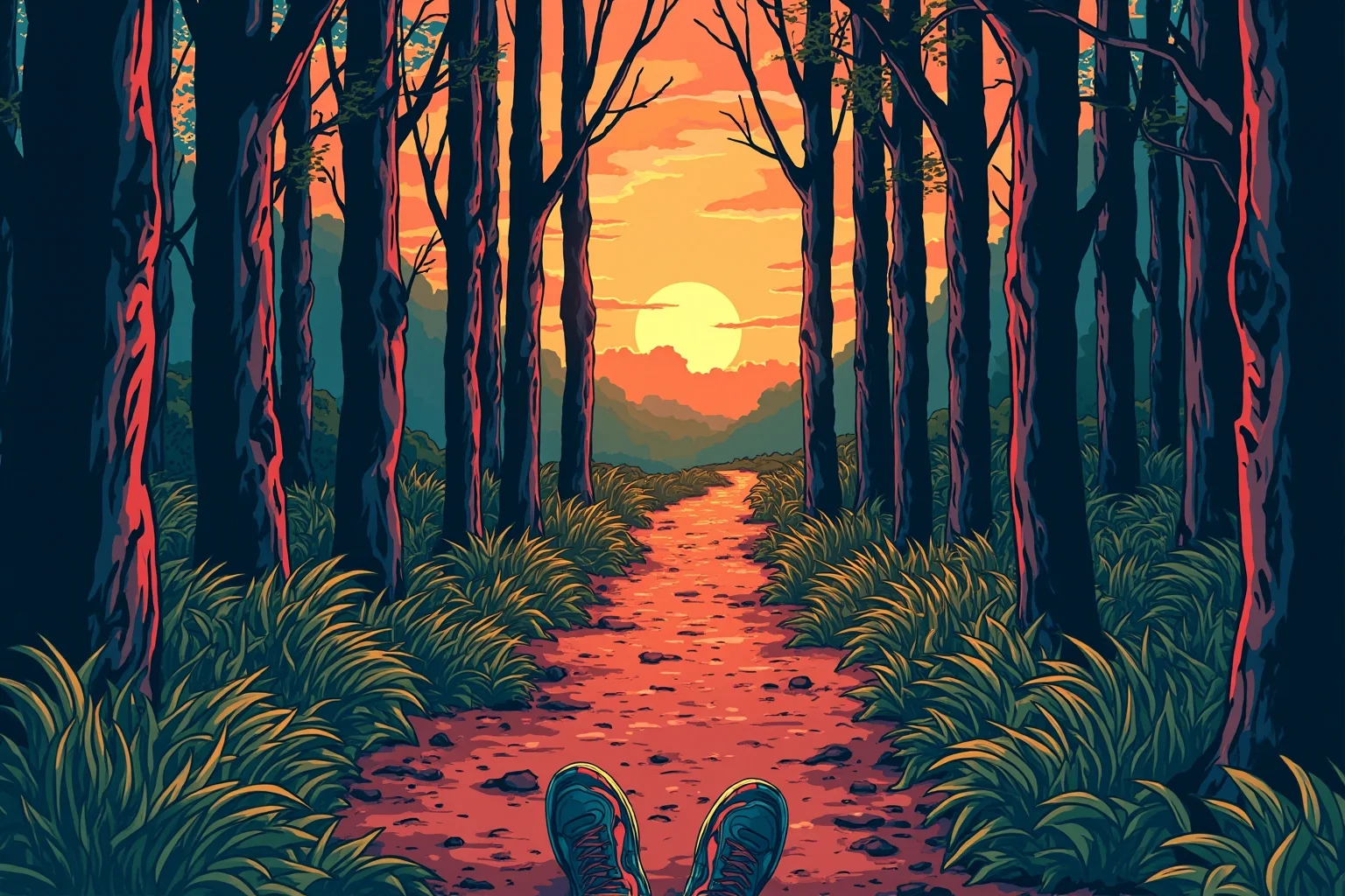 A quiet forest trail at sunrise with running shoes and a dirt path, 1980s nostalgic illustration style