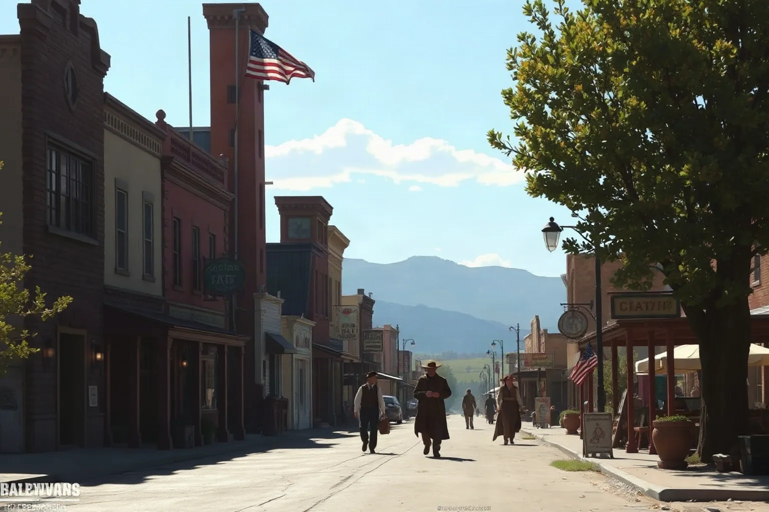 A quiet frontier town street at midday with townsfolk going about ordinary business, no gunfight in sight