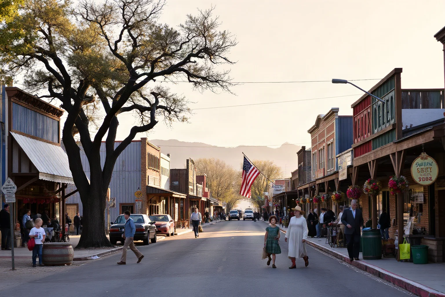 A quiet frontier town street filled with ordinary families, merchants, and children, no outlaws present