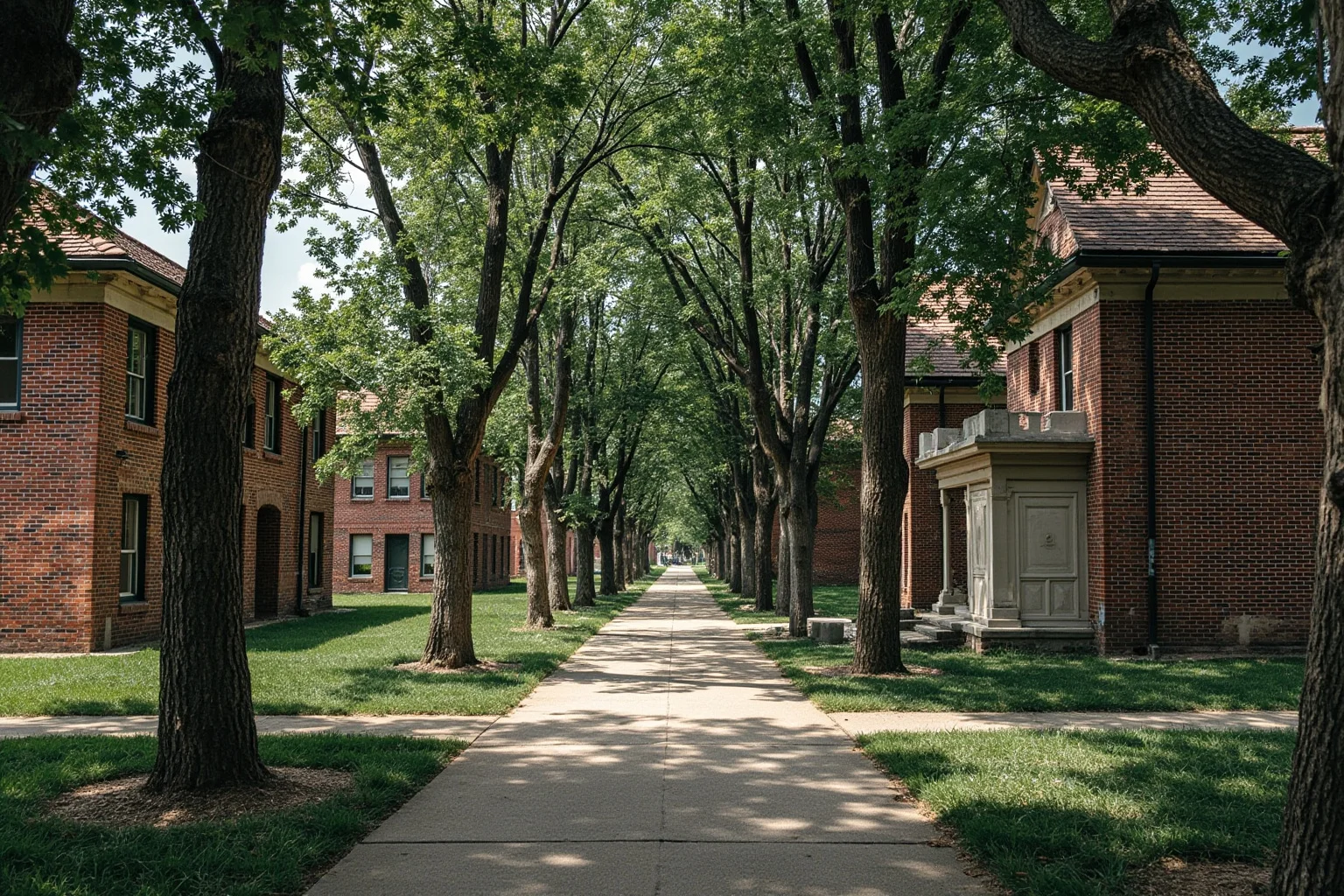 A quiet historic American army post with old brick barracks buildings and mature trees