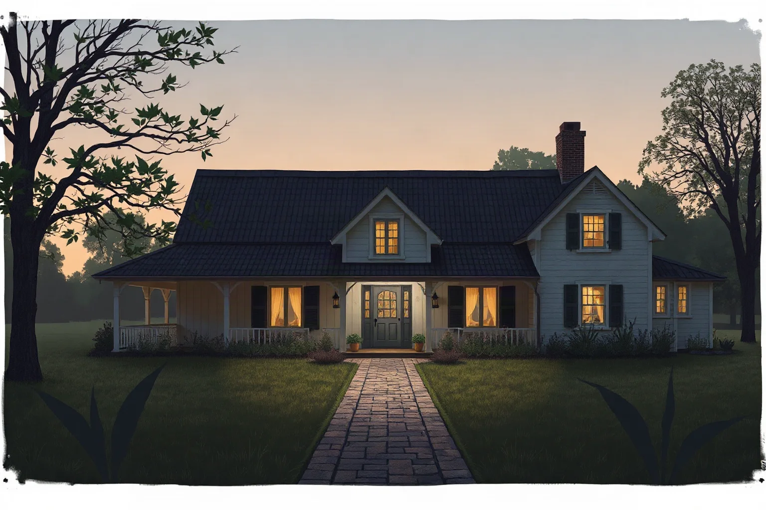 A quiet historical homestead exterior at dusk, respectful and understated illustration without depicting individuals