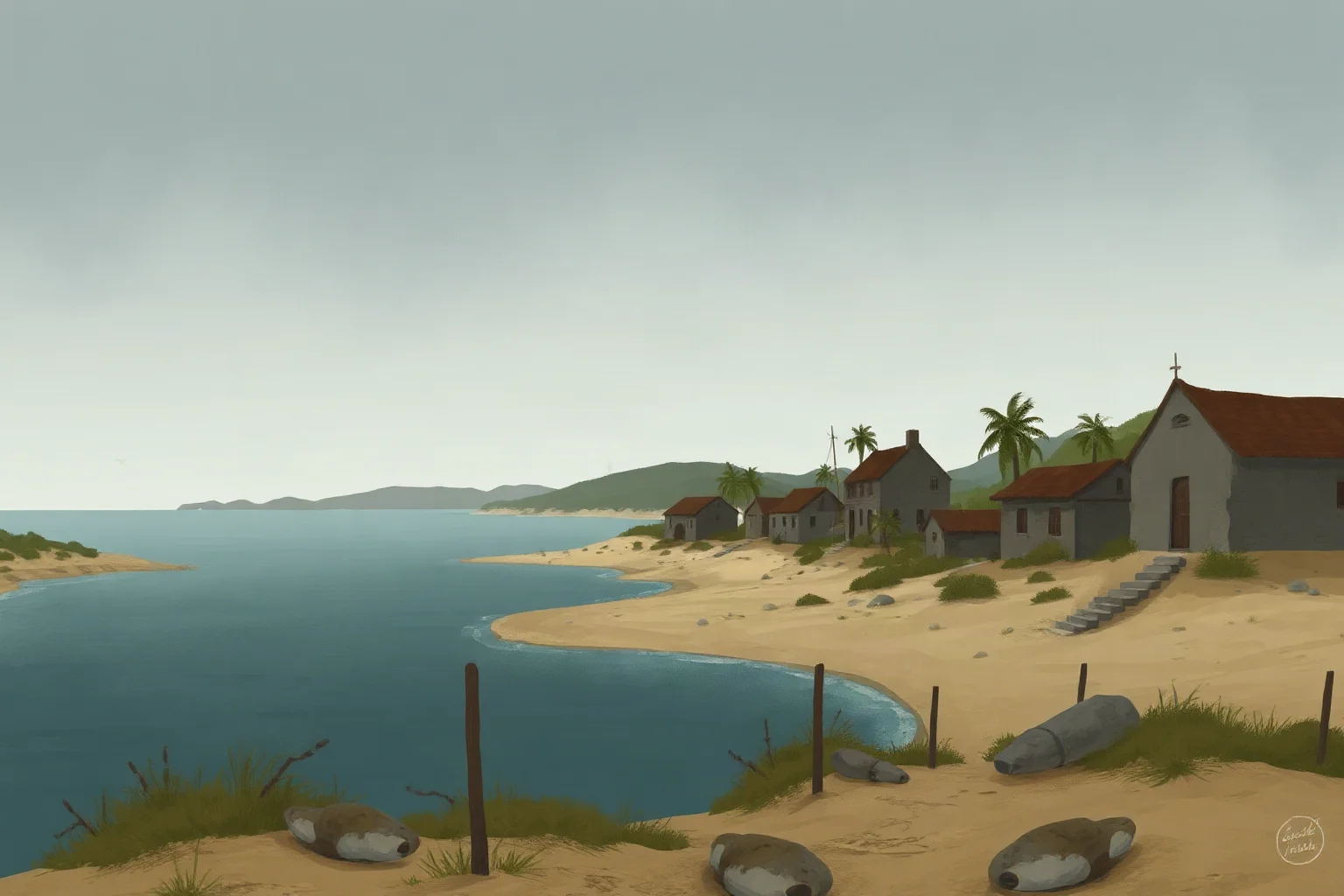 A quiet historical illustration of an isolated coastal settlement representing old leprosy colonies, respectful and non-stigmatizing tone, muted colors