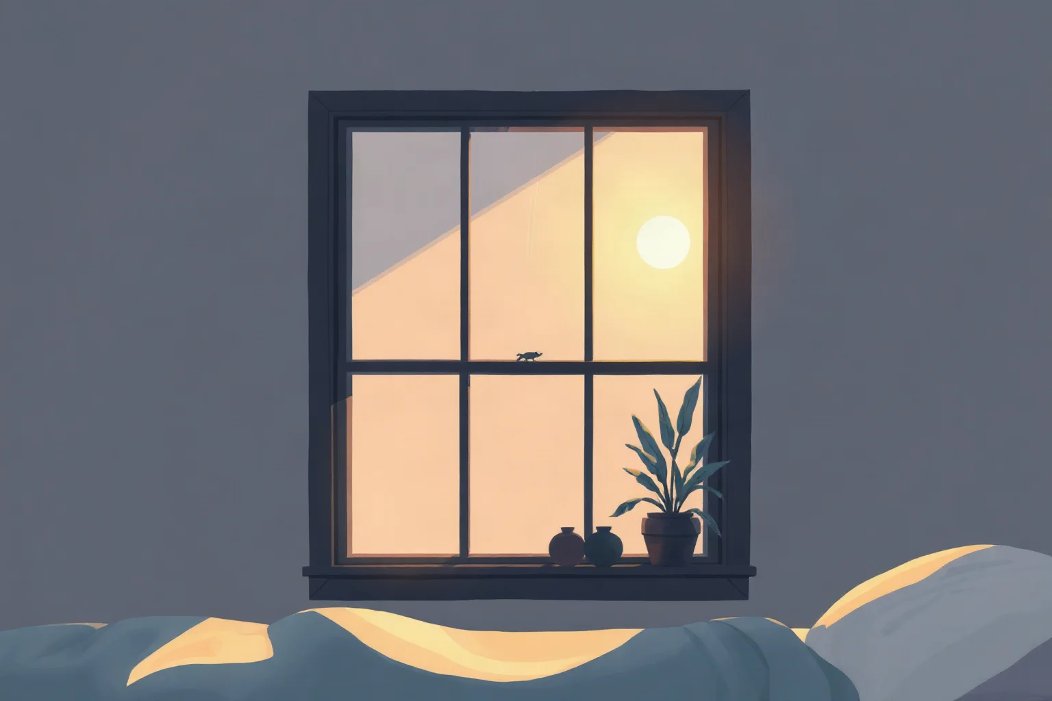 A quiet illustration of a bedroom window with soft evening light, evoking a peaceful final moment