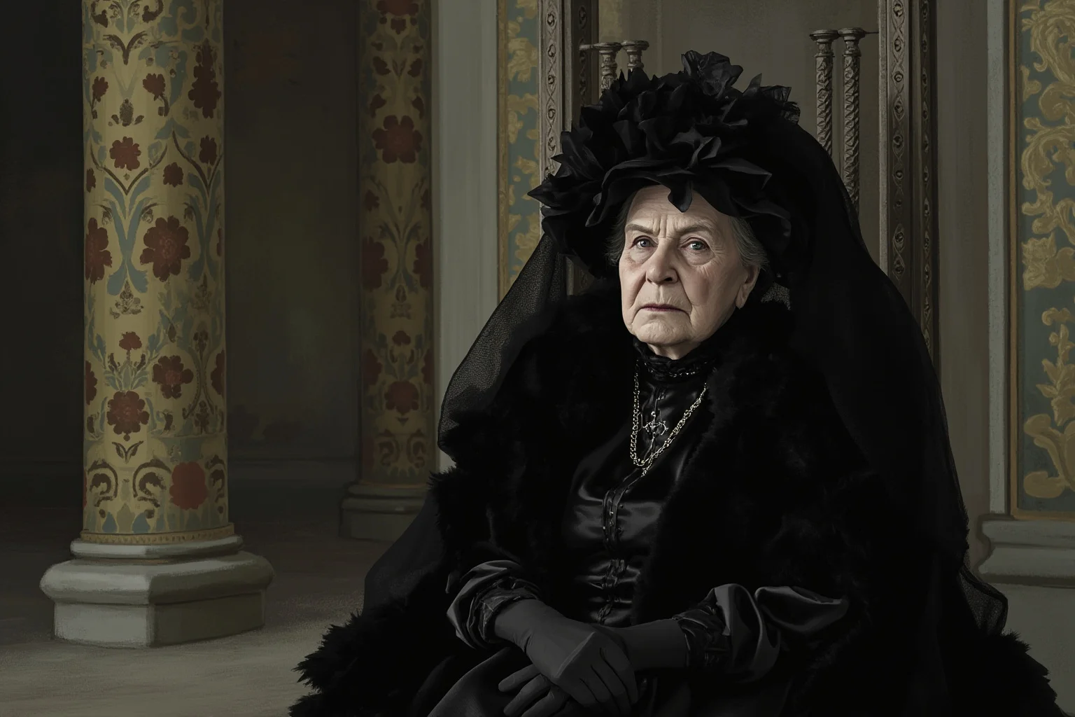 Historical Figures Who Died Of A Broken Heart 17 A quiet illustration of an elderly Victorian queen in black mourning dress seated alone in a grand palace room