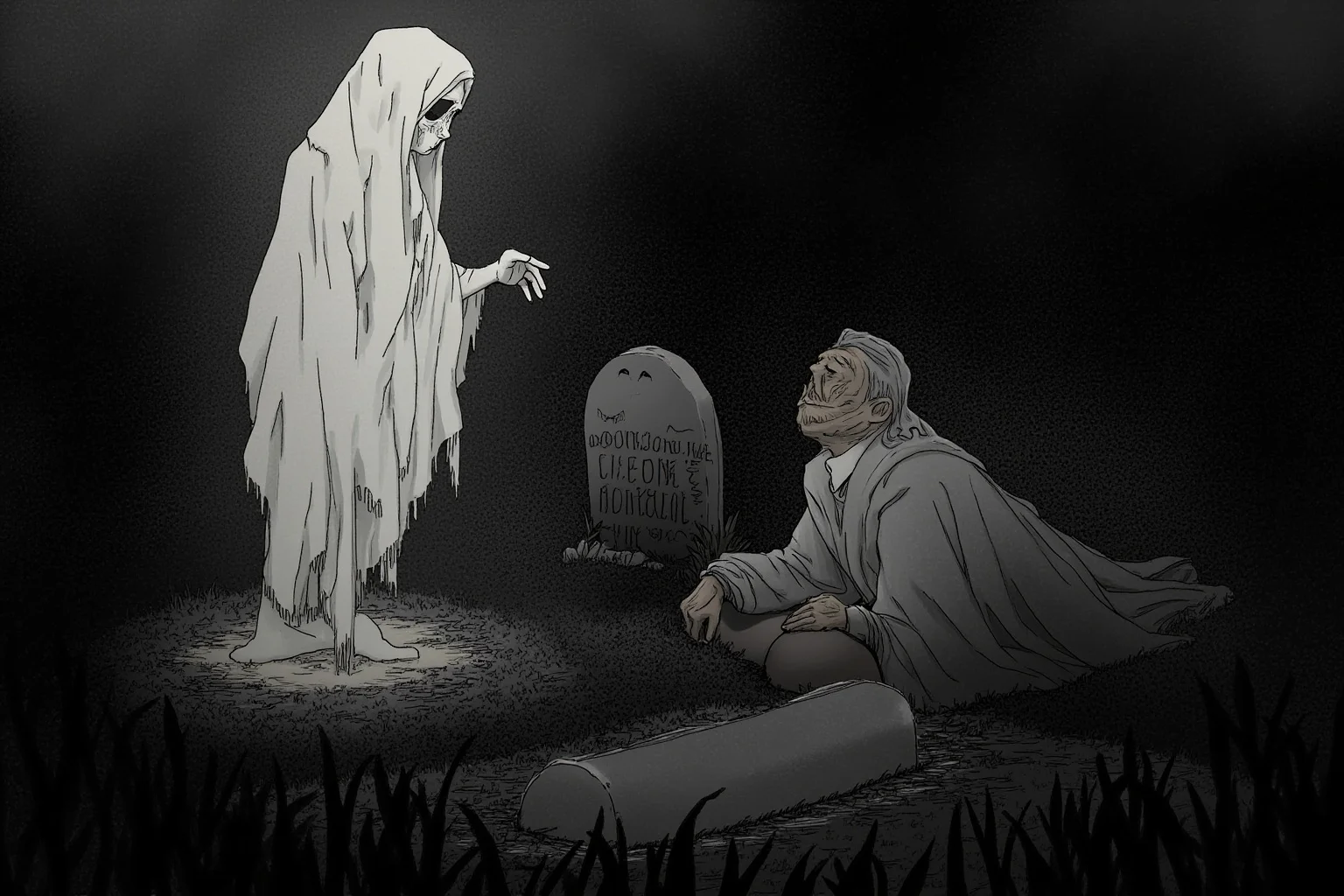 Grim Childhoods Indeed: The 20 Darkest Brothers Grimm Fairy Tales 21 A quiet, melancholic illustration of a ghostly child in a pale shroud standing beside a grieving mother at a grave
