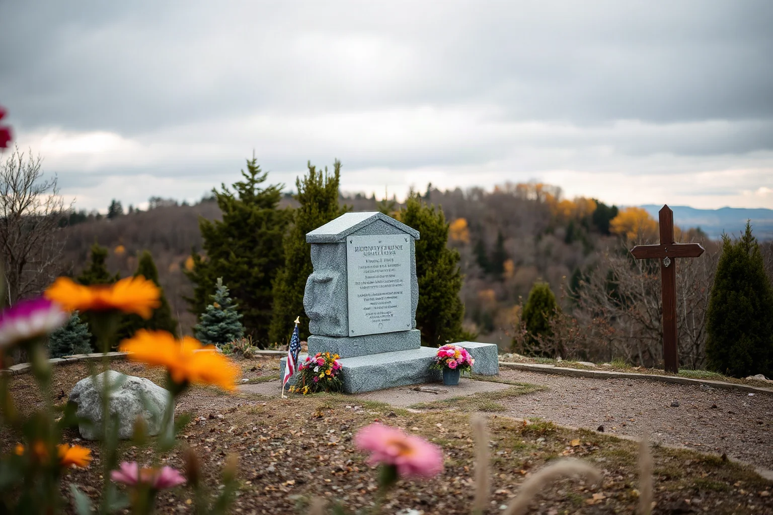 A quiet memorial stone monument on a hillside surrounded by trees and flowers