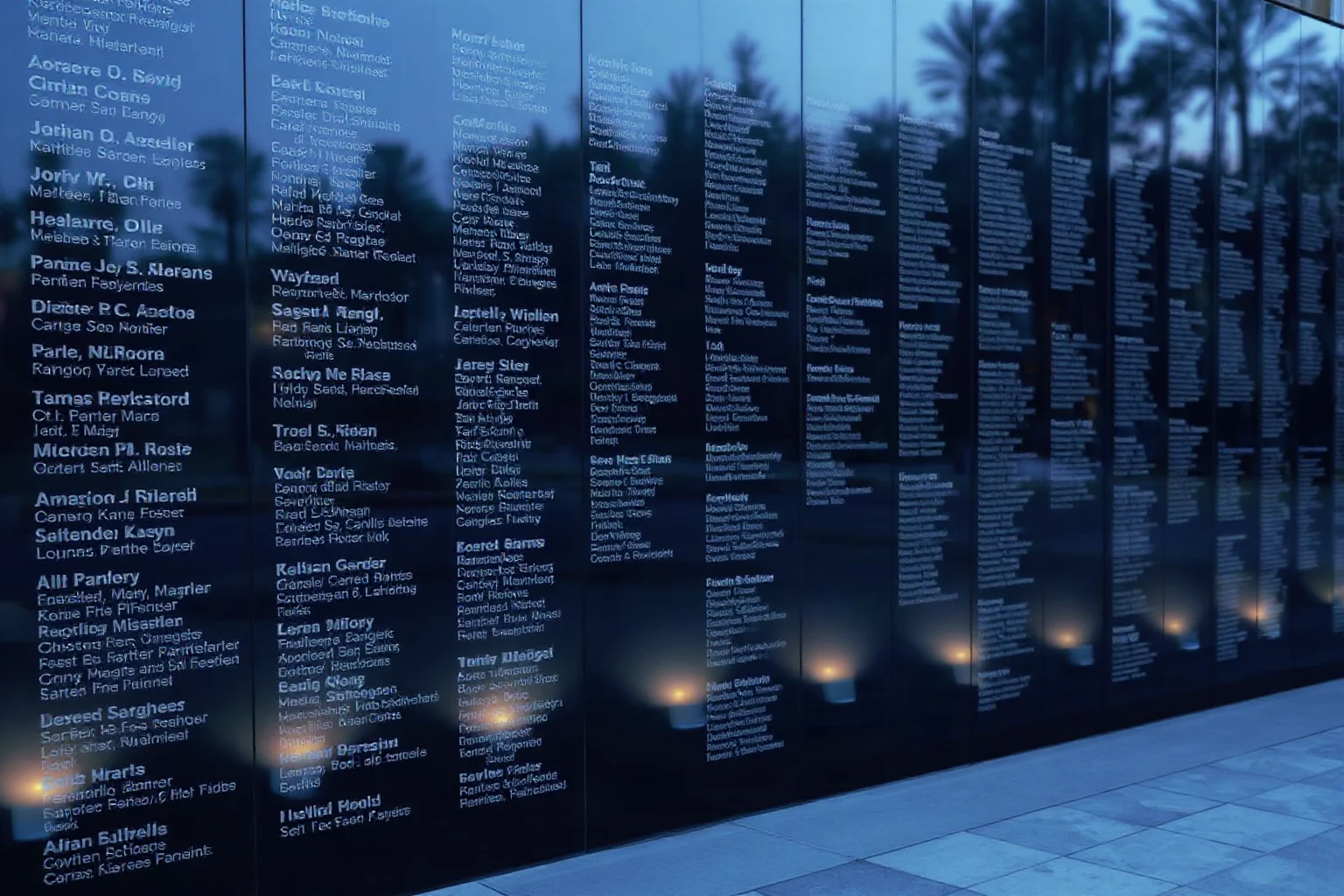 A quiet memorial wall engraved with countless names, softly lit, evoking remembrance and loss