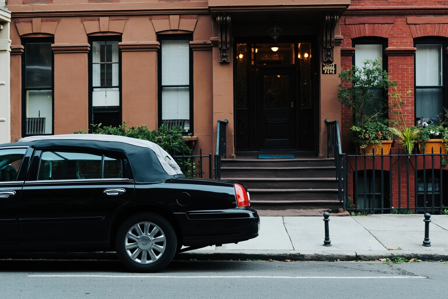 A quiet New York City street with a black town car parked outside a modest brownstone