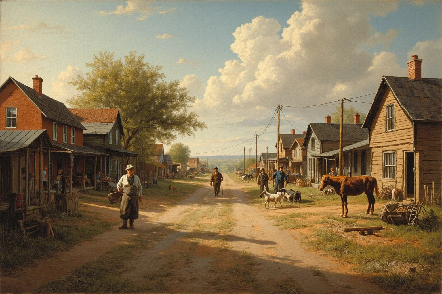 A quiet, peaceful small frontier farming town with residents going about ordinary daily life