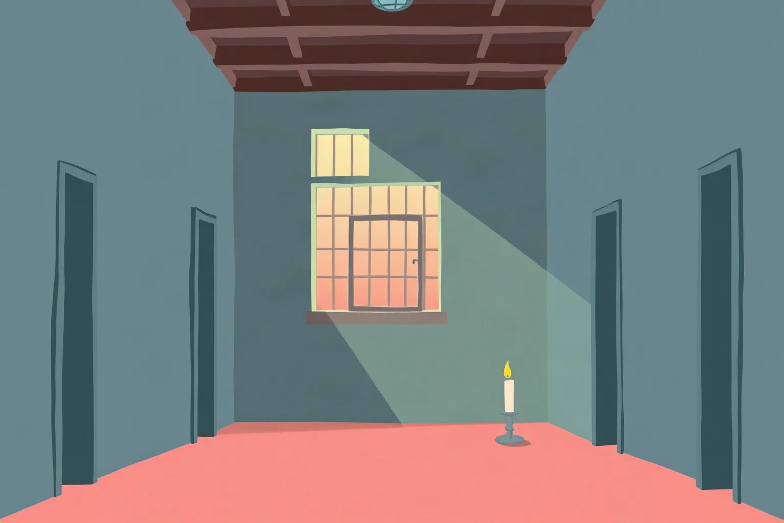 A quiet prison hallway at dawn with a single candle burning on a windowsill, illustration