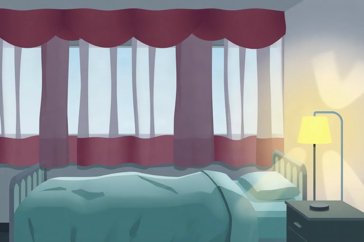 A quiet, respectful illustration of a hospital room with drawn curtains and a bedside lamp, evoking a somber vigil