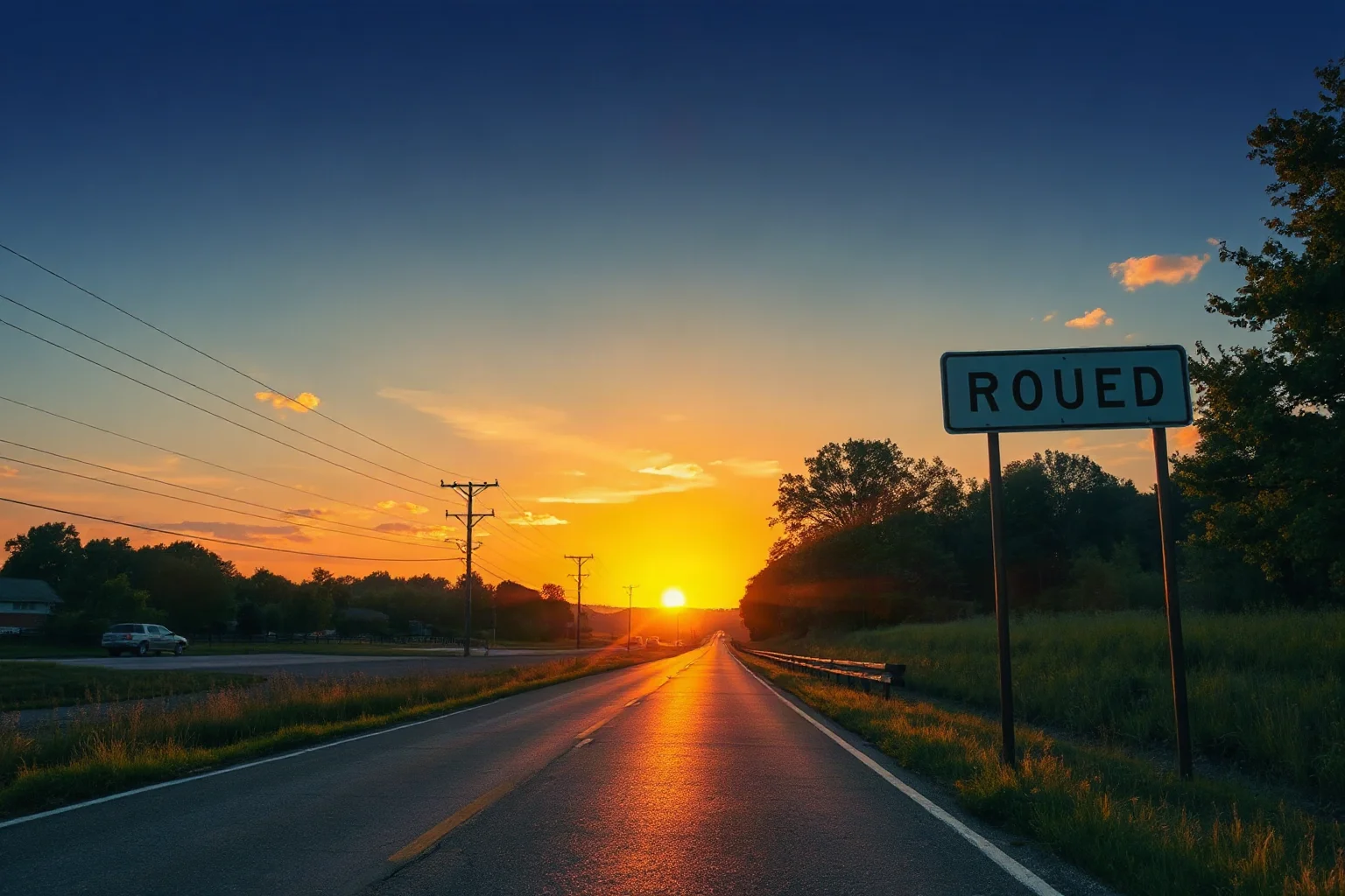 A quiet rural Virginia highway at sunset with an old road sign, atmospheric illustration
