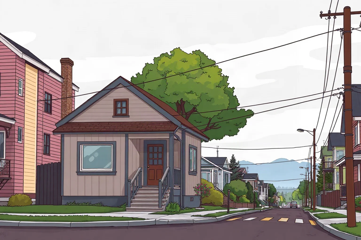 A quiet Seattle residential street with a modest house, overcast sky, illustration style