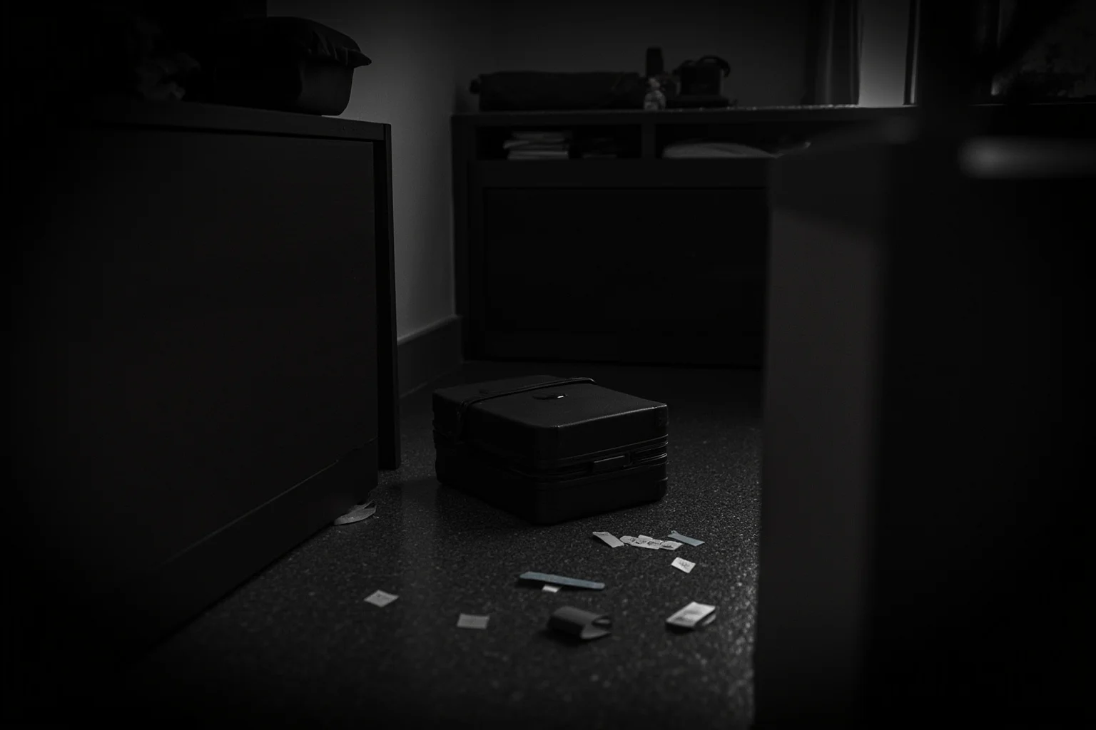 20 of the Most Mysterious People in History 17 A quiet small-town hotel room with a suitcase and clothing tags scattered on the floor, moody dim lighting