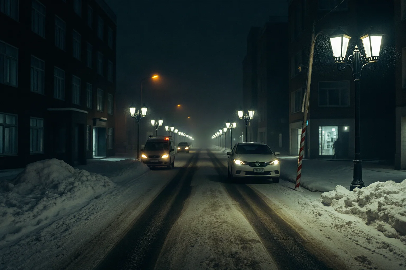 A quiet snow-covered city street at night, empty except for faint lantern light, evoking hardship and hunger