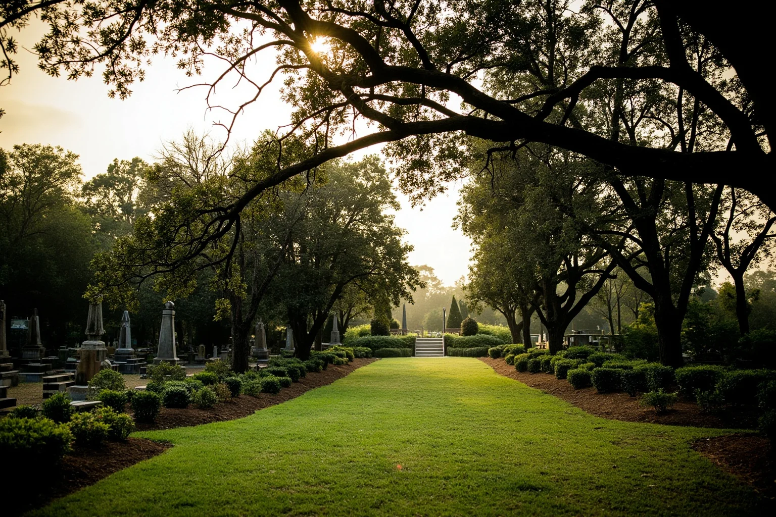 A quiet Southern cemetery garden with manicured landscaping and soft morning light