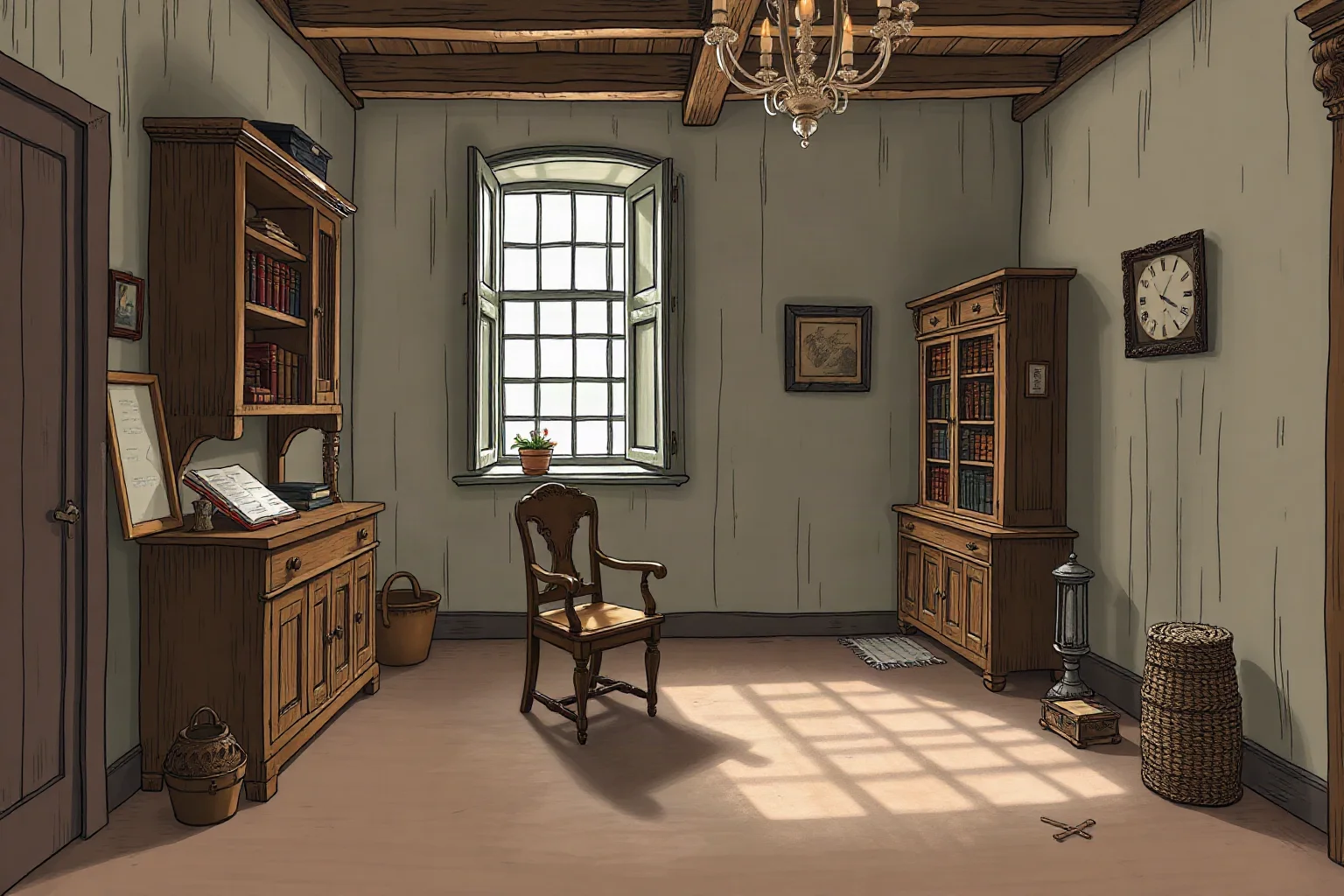 A quiet, sparsely furnished 17th-century study with a single chair and writing desk, symbolizing solitude, illustration style