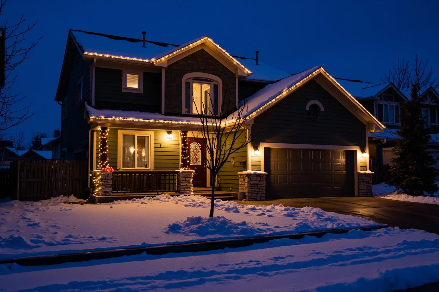 A quiet suburban Colorado house exterior on a snowy Christmas evening