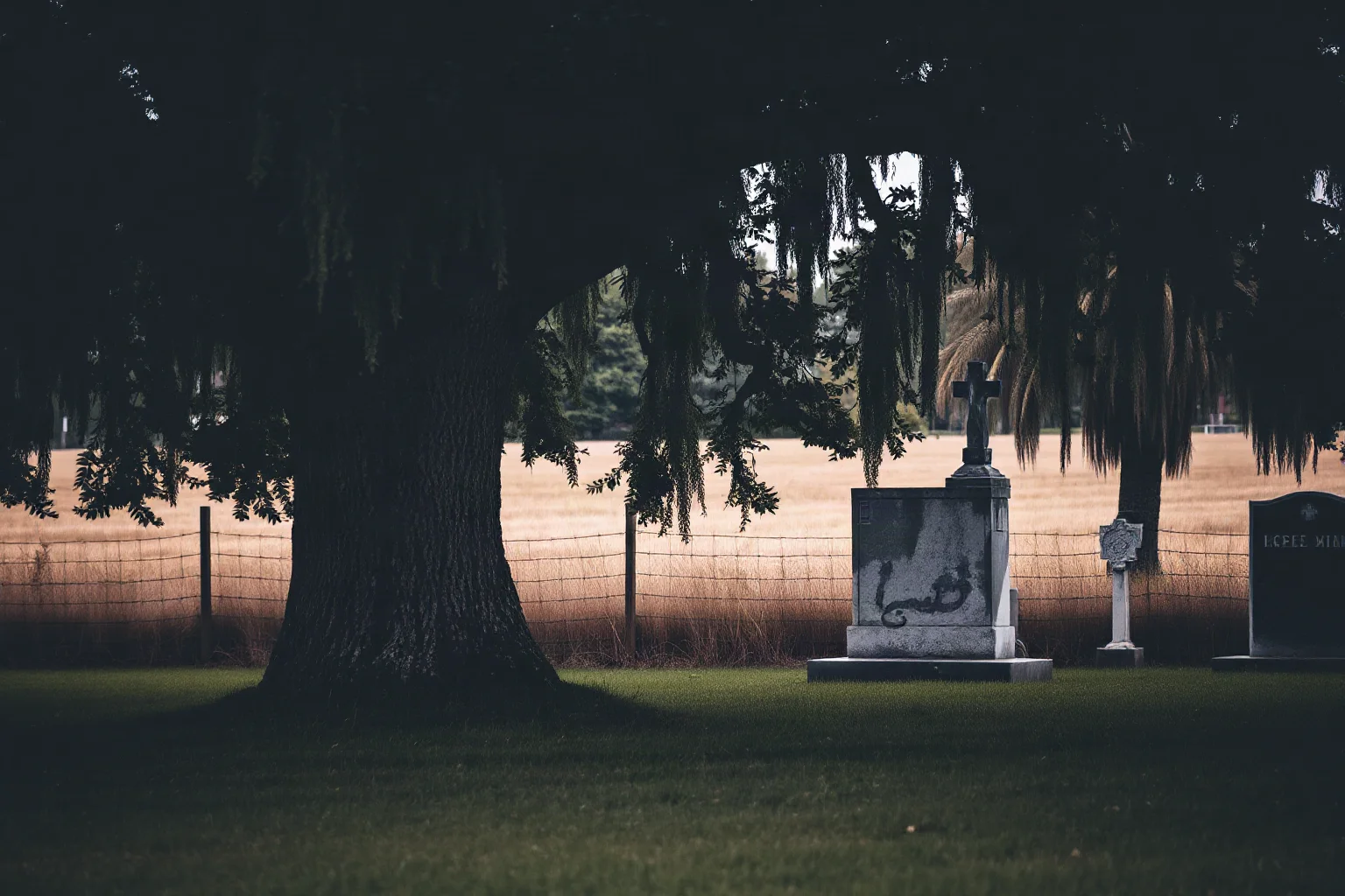 A quiet vintage-style cemetery scene with a simple stone marker under an old oak tree