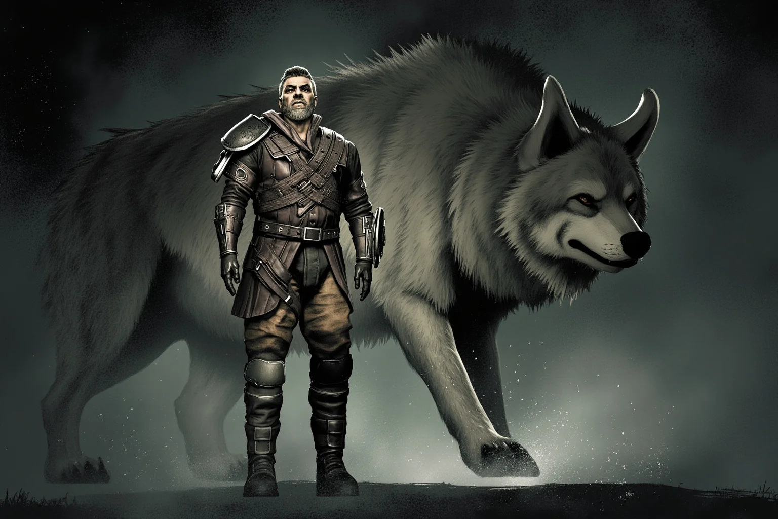 From Thor to Loki: 20 Gods, Goddesses, and Heroes of Norse Mythology 19 A quiet, watchful god wearing a single thick boot, standing calmly before a monstrous wolf, tense fantasy illustration