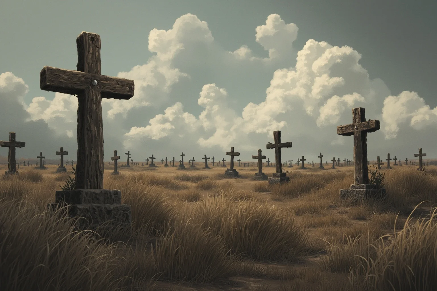 Hilarious Slang Terms From The Wild West 20 A quiet, weathered frontier cemetery with simple wooden crosses under a cloudy sky, somber illustration