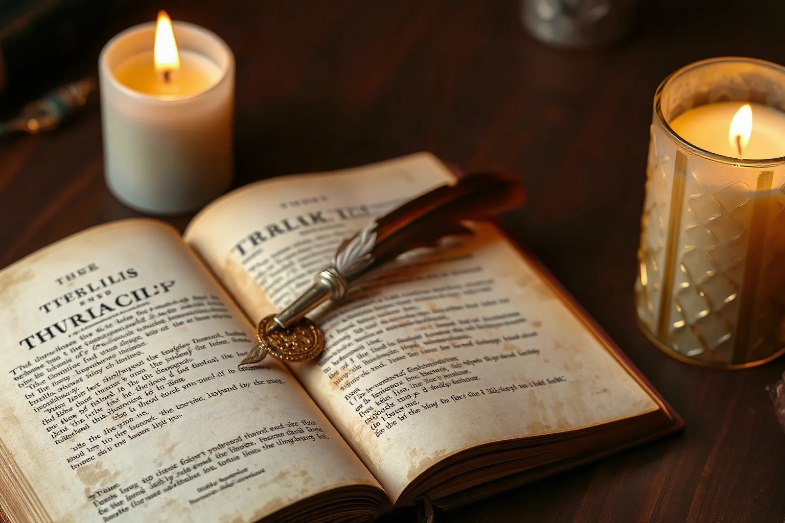 A quill pen resting on an open 18th-century book beside a candle, evoking classic Irish satirical literature