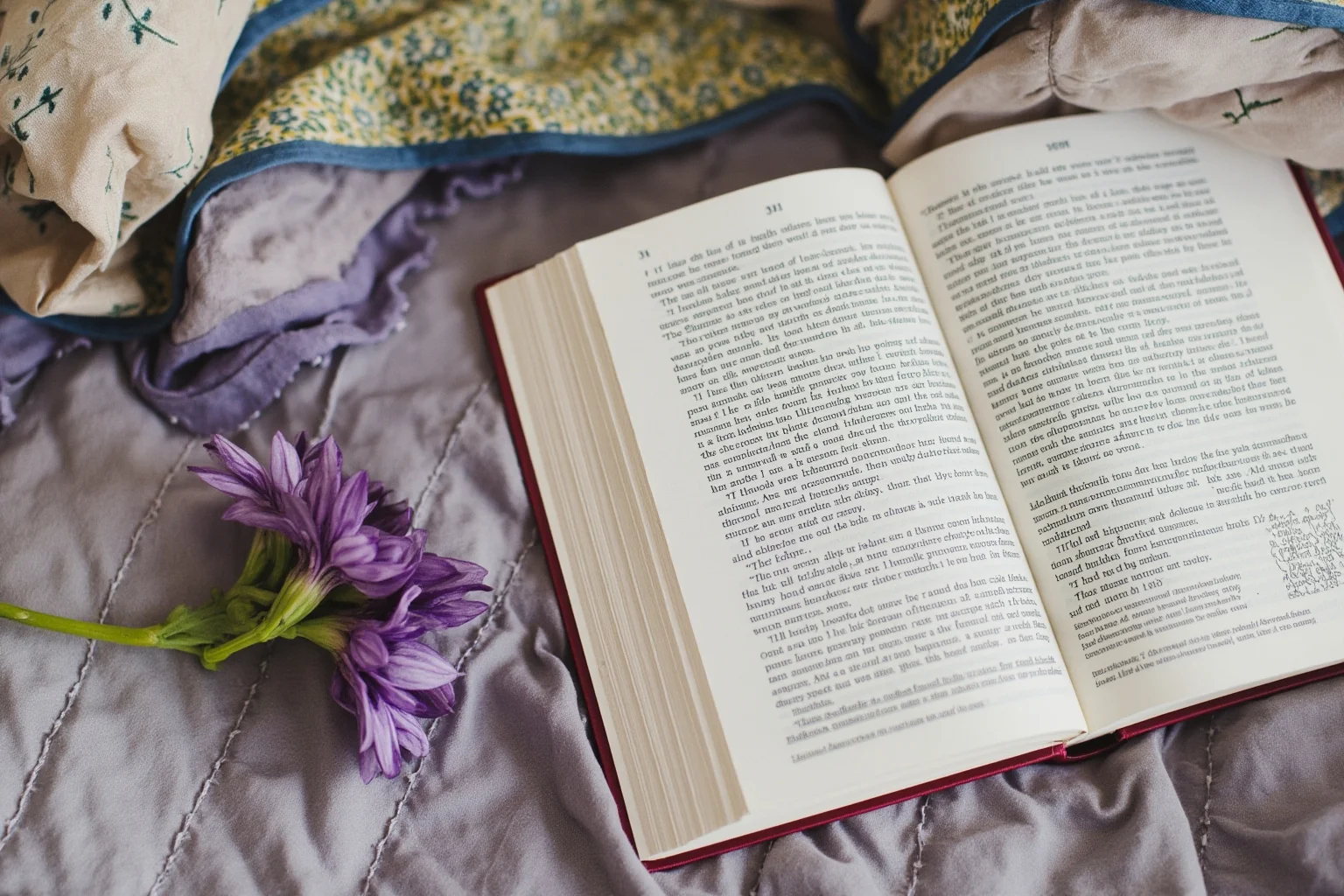 A quilt and a single purple flower beside an open paperback book
