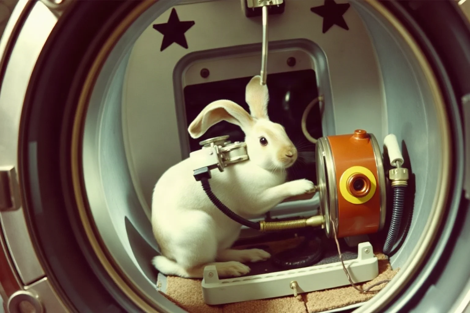 A rabbit in a Soviet suborbital rocket capsule with monitoring equipment, 1959