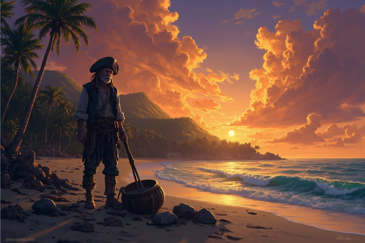 A ragged Caribbean laborer turned reluctant pirate standing on a tropical shoreline at dusk, illustrative painting style