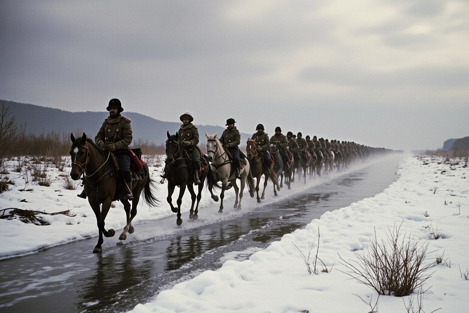 The Mad Baron Who Conquered Mongolia: The Bloody Life of Roman von Ungern-Sternberg 19 A ragged cavalry division marching north across a frozen river under grey skies, illustration